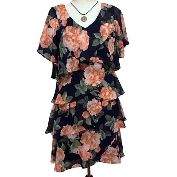 SLNY NWT Knee Length Tiered Flutter Sleeves Dress Women 6 - Picture 1 of 10